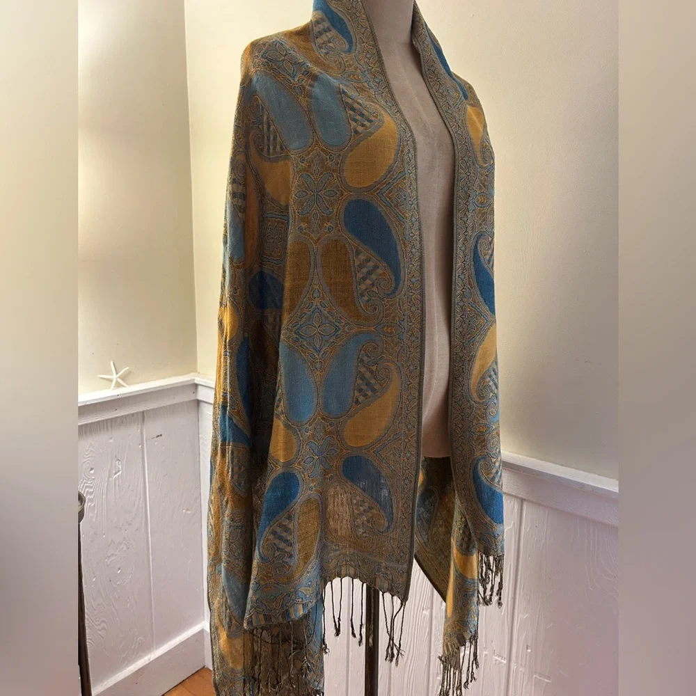 Vintage Oversized Pashmina Wrap Scarf Teal Gold Paisley Fringe Shawl